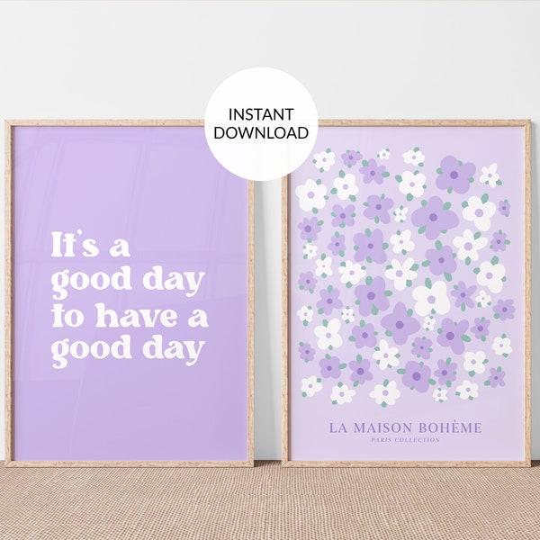 Set of 2, Purple wall set. It's a good day poster. Danish Pastel purple dorm room decor. Preppy wall decor. Positive quote.Popular PRINTABLE