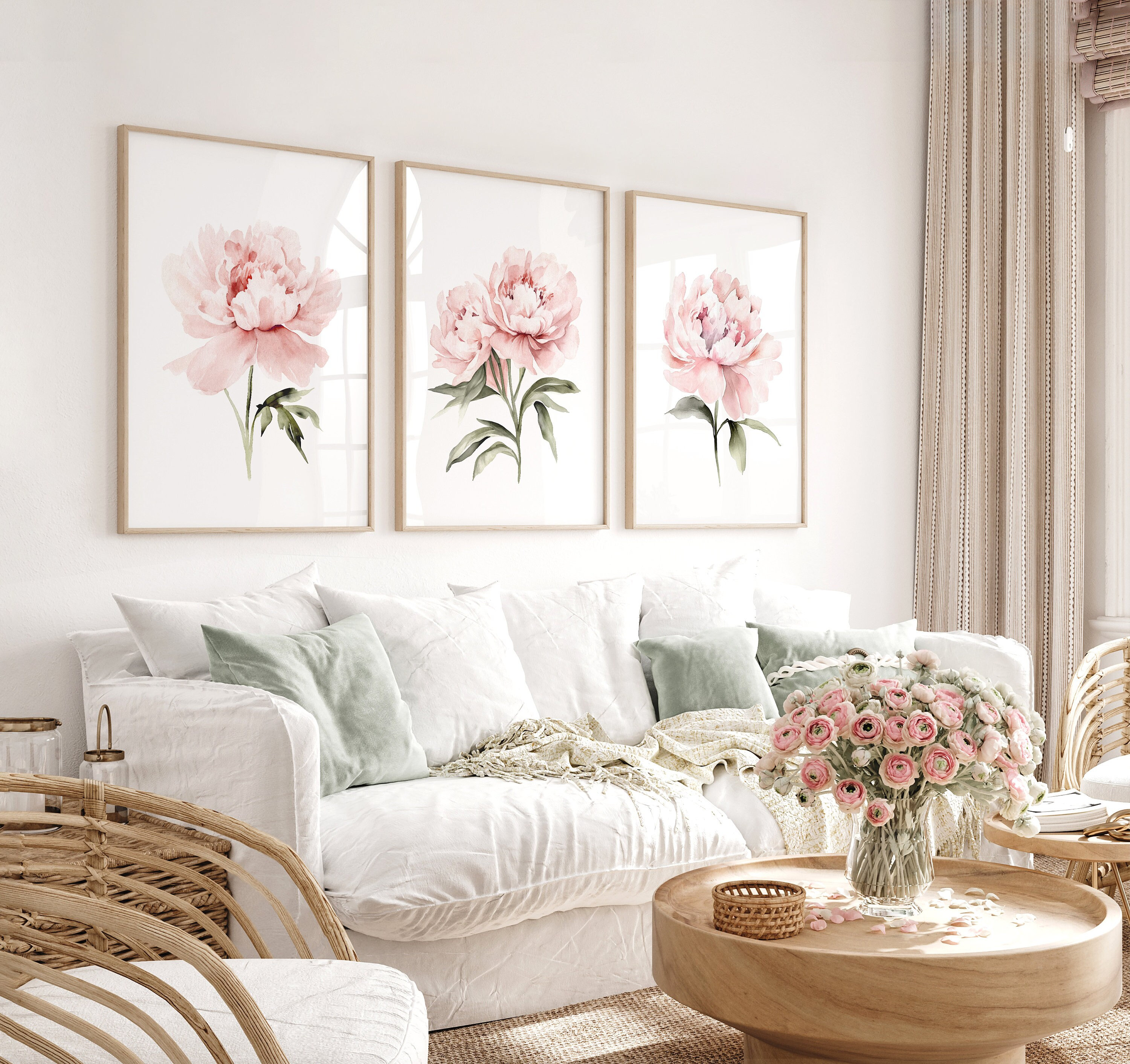 Watercolor Blush Pink Peonies Set of 3 Prints, Floral Poster Set ...