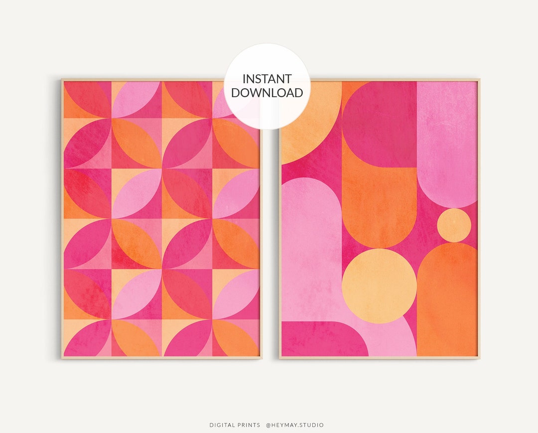 Set of 2. Pink and Orange Wall Art Set. Mid Century Modern. Geometric