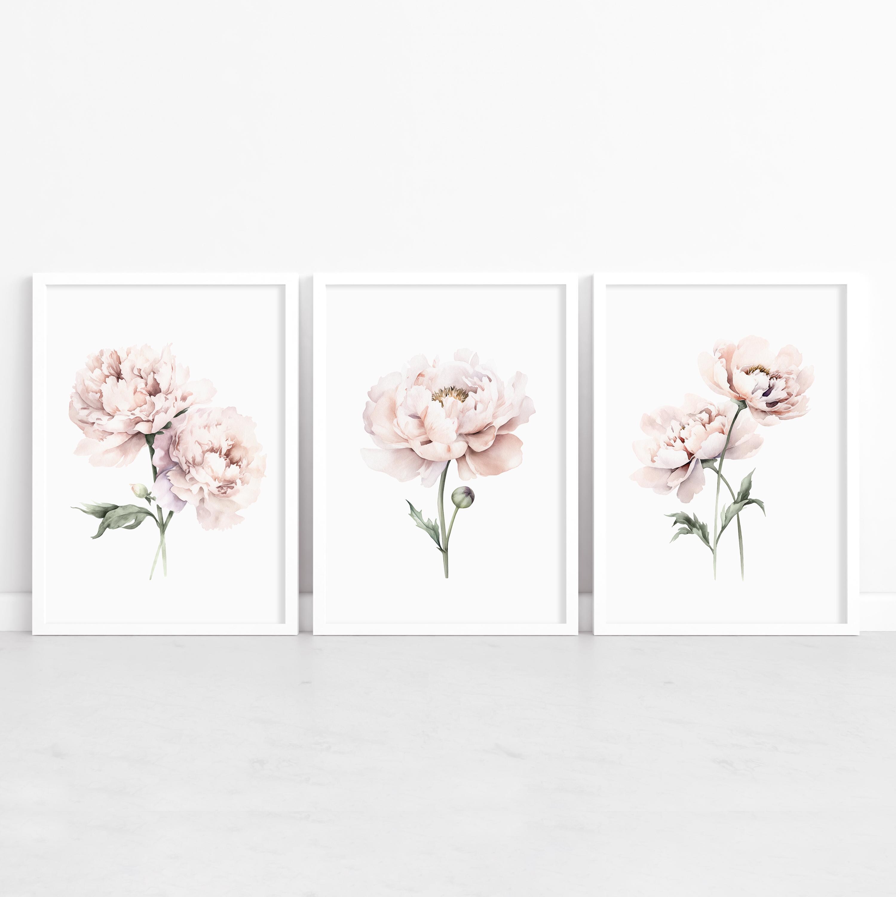 Watercolor Blush Pink Peonies Set of 3 Prints, Floral Poster Set Peach ...
