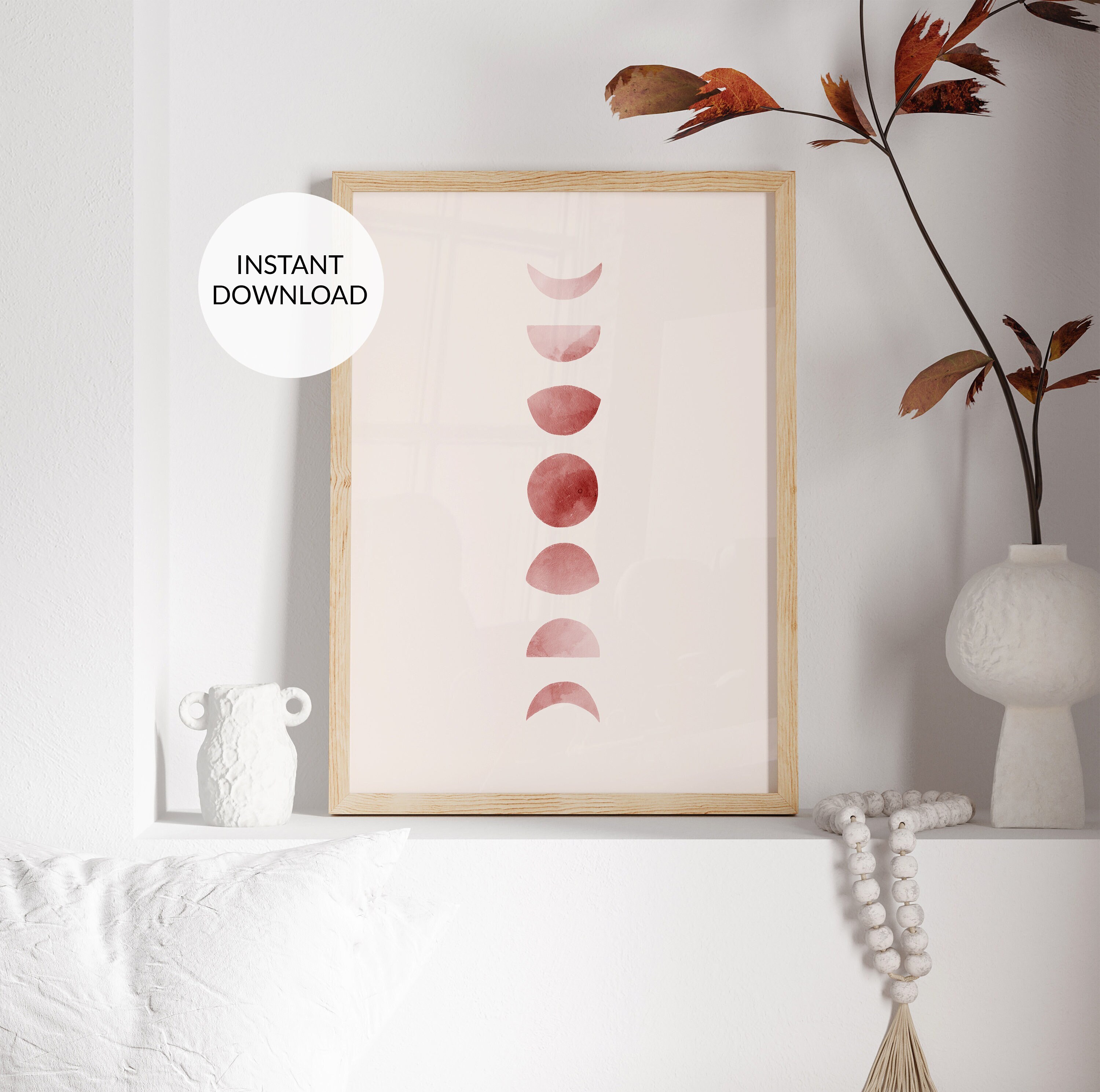 Pink Moon Phases Art Print: Boho Watercolor Crescent Moon (digital ...