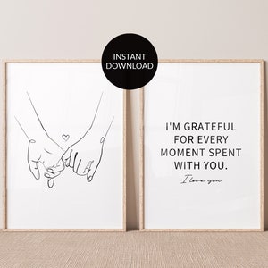 Set van 2, hand in hand lijntekeningprint. Romantische kunst aan de muur. Paar kunst. Lijntekeningen. Lijnposter. Paar handen. Lijnschets. AFDRUKBARE kunst