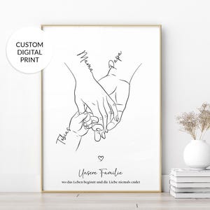 May include: A framed digital print with a line drawing of hands holding each other. The words "Mama", "Papa", and "Tobias" are written on the hands. The text "Unsere Familie" and a heart symbol are also included.