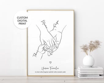 Impresión personalizada de manos familiares, arte lineal de familia de 3, regalo personalizado para baby shower, arte para nuevos padres, decoración imprimible para el Día de la Madre y Navidad.