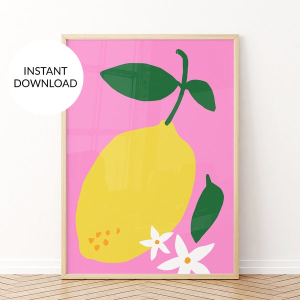 Lemon art print. Pink wall art. Retro poster art. Abstract poster. Fruit art. Colorful art print. Pink retro art. Bright pink Printable