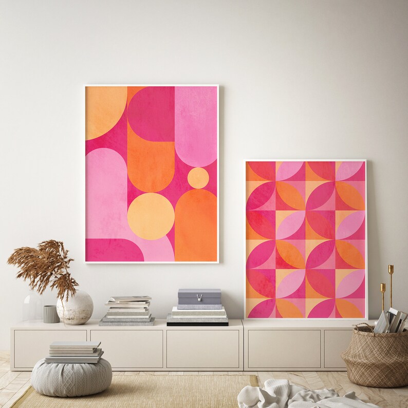 Set of 2. Pink and Orange Wall Art Set. Mid Century Modern. Etsy