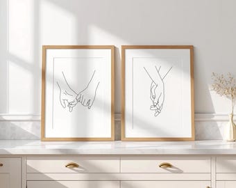 Romantisch cadeau hand in hand lijntekeningen afdrukken schets set van 2 lijntekening poster minimalistische interieur paar handen afdrukbare digitale muurkunst