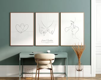 Lot de 3, prénoms personnalisés art. Impression de dessin au trait. Cadeau romantique. Couple art. Dessin au trait. Impression main dans la main. Affiche de la ligne. Art mural imprimable