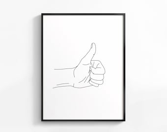Thumbs Up Line Art Print, Hand Gesture Drawing, Minimalist Hands Sketch, Black Line Illustration Poster, Modern Printable Wall Art