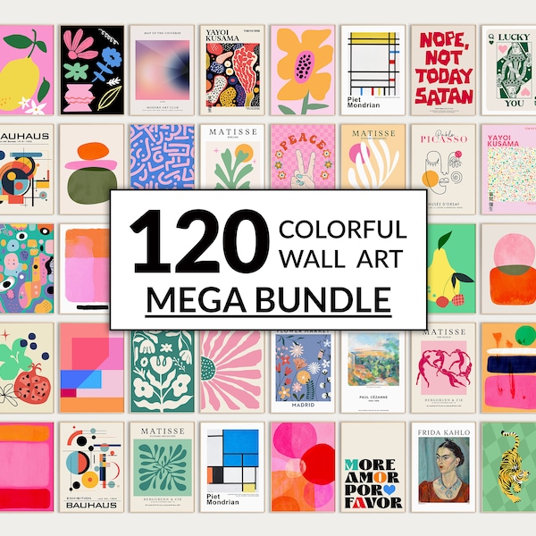 120 Bunte Wandkunst BUNDLE. Eklektisches Galerie-Set. Farbenfrohe Galeriewandcollage. Druckbare Kunst. Maximalistische Galerie. Rosa abstrakte Kunst