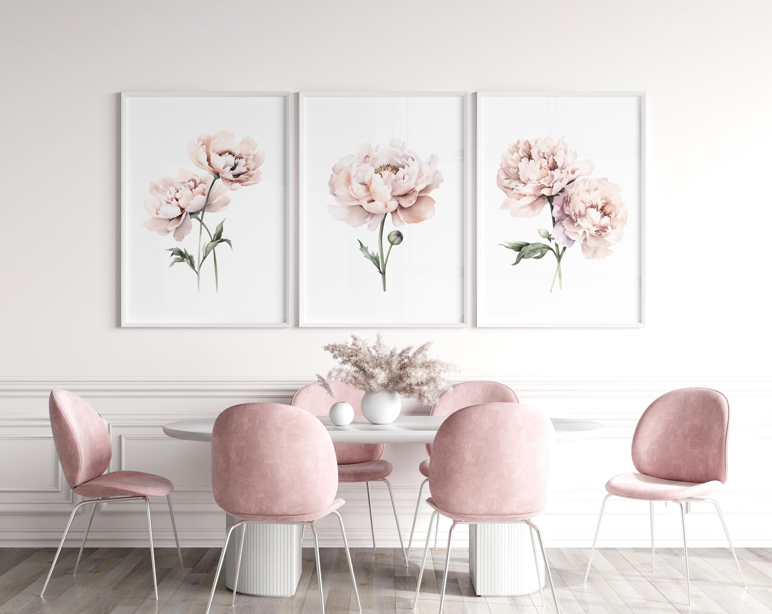 Watercolor Blush Pink Peonies Set of 3 Prints, Floral Poster Set Peach ...