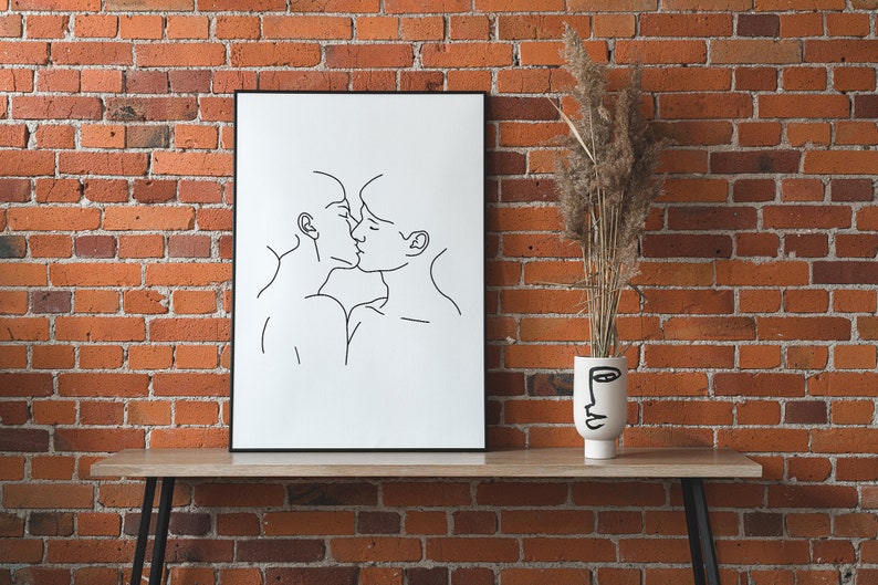 Gay couple line art LGBT wall art Gay Love art print Line Etsy