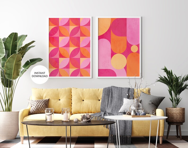 Set of 2. Pink and Orange Wall Art Set. Mid Century Modern. Etsy