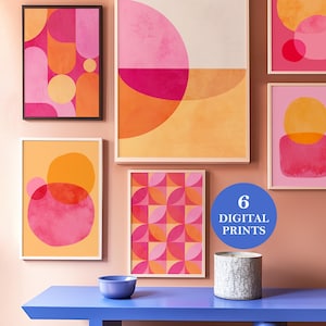 Abstract Gallery Wall Art Set: Pink & Orange Prints (Digital Download)