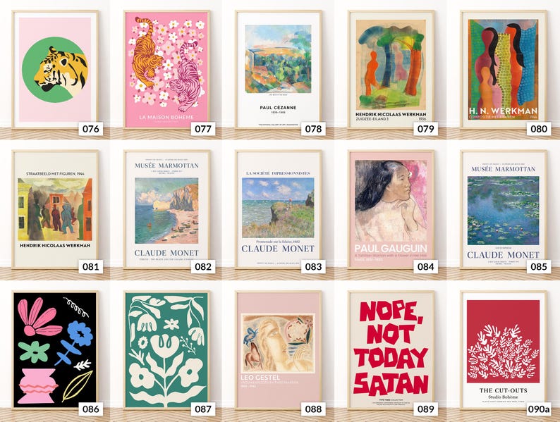 May include: A selection of framed art prints showcasing diverse artistic styles. The collection includes tiger and floral designs, landscape paintings by Monet and Cezanne, and portraits. Some prints feature text, such as "Nope, Not Today Satan."