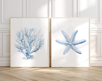 Aquarelprints blauw koraal en zeester: muurkunst kust (set van 2) (digitale download)