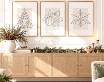 Minimalist Christmas Wall Art Set of 3, Neutral Winter Line Art Prints, Modern Holiday Decor, Scandinavian Living Room, Digital Download