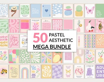 May include: A set of 50 printable digital art prints in pastel colors with various abstract and minimalist designs. The prints feature geometric shapes, flowers, butterflies, and other nature-inspired elements. The text "50 Pastel Aesthetic Mega Bundle" is displayed in the center of the image.