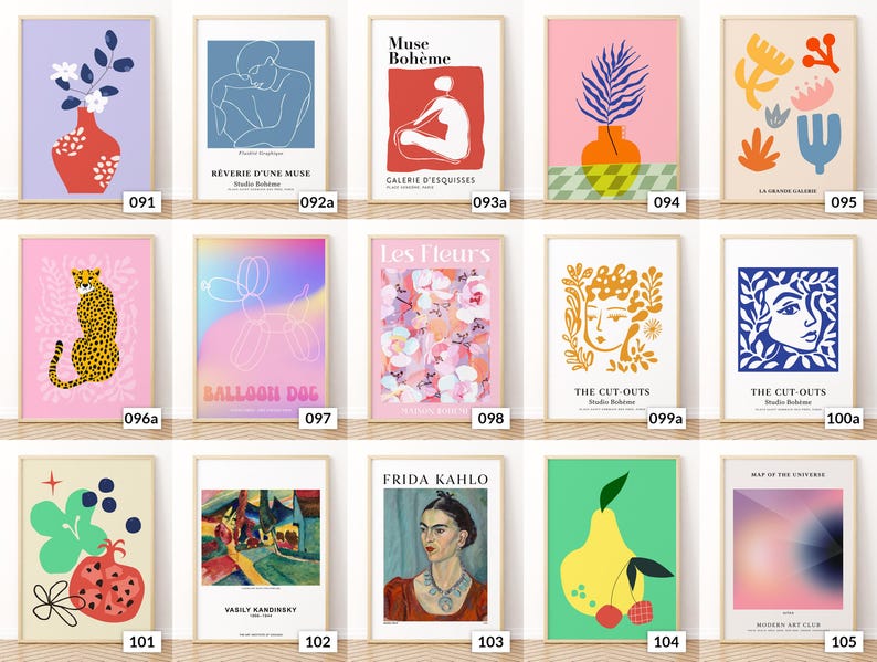 May include: A selection of framed art prints with diverse designs, including abstract and figurative art. The prints display a variety of styles, such as floral, portrait, and geometric compositions, with a vibrant colour palette. Each print is numbered for easy selection.