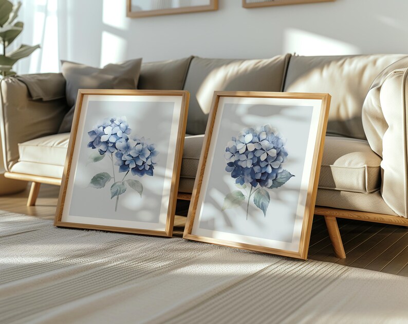 Blue Hydrangeas Wall Art Set of 2, Botanical Flower Watercolor Prints ...