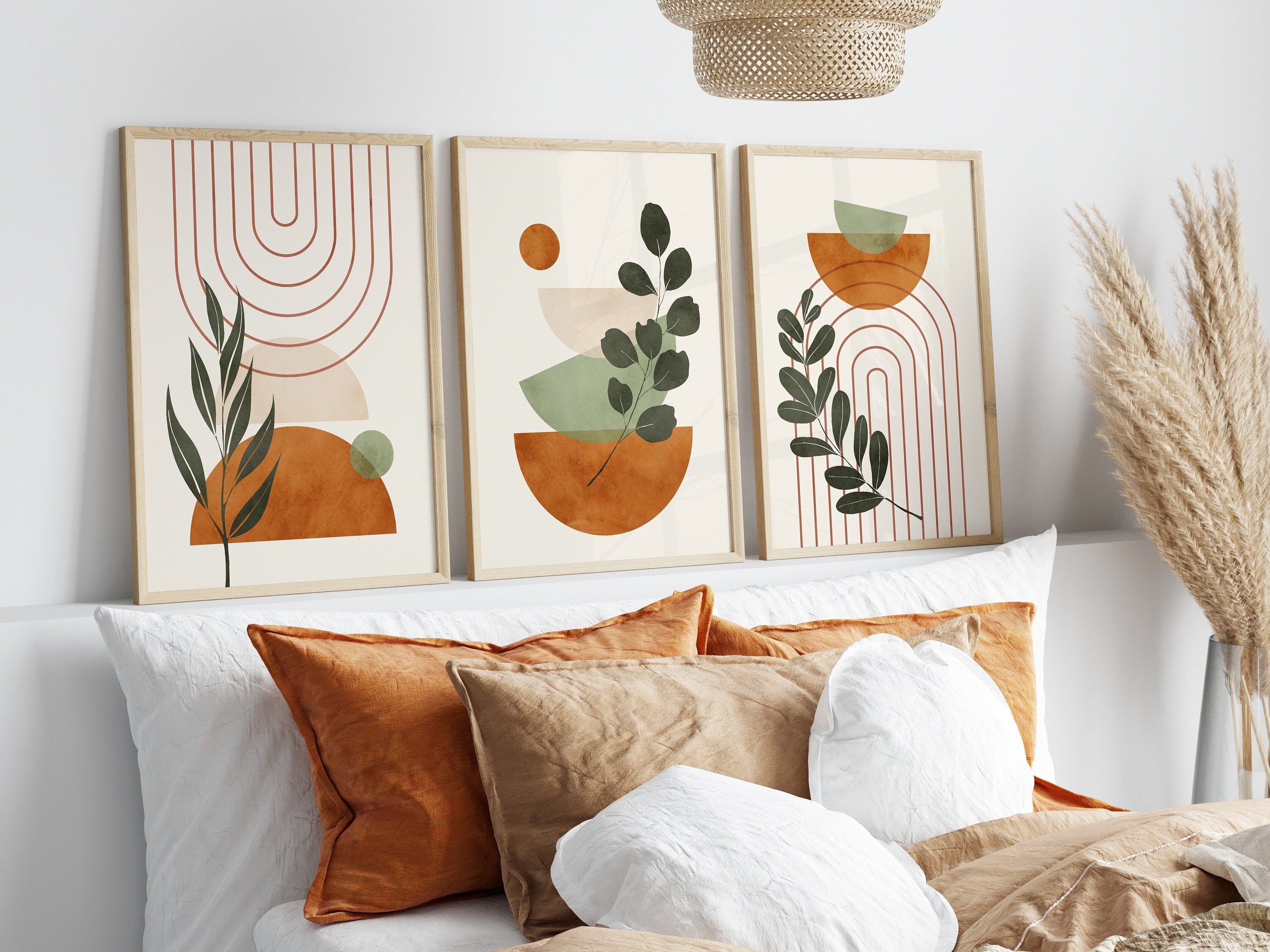Uixxducc 3er Premium Poster Set, Grün Aesthetic Blätter Leinwandbilder Bilder Set, Boho Wandbilder Wohnzimmer Ohne Rahmen, Moderne Pflanze Kunst Wanddeko Wohnzimmer Schlafzimmer (A,30x40cm