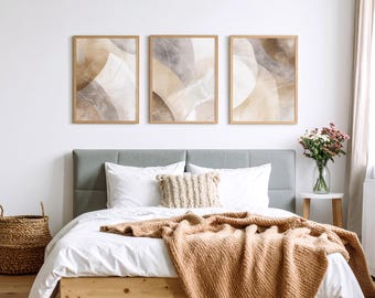Set of 3 Abstract Watercolor Prints, Neutral Beige Brown Wall Art (Digital Download)