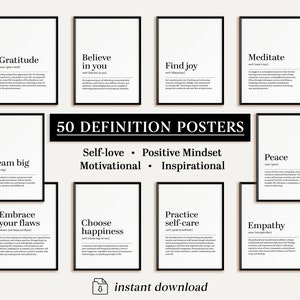 Self Care Wall Art Set, Definition Posters, Mental Health Decor, Therapy Office Art, Self Love Printable, Set of 50 Prints