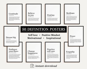 May include: A collection of ten framed posters featuring dictionary-style definitions of positive concepts like Gratitude, Believe in you, Find joy, Meditate, Dream big, Peace, Embrace your flaws, Choose happiness, Practice self-care, and Empathy.