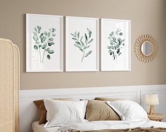 Eucalyptus and Sage Watercolor Minimalist Set of 3 Wall Art Prints, Living Room Greenery Home Decor, Printable Herbs Botanical poster set