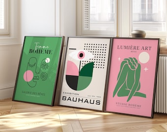 Set of 3 Colorful Abstract Wall Art, Pink and Green Retro Prints, Trendy Gallery Wall Decor for Dorm Living Room, Digital Download Printable