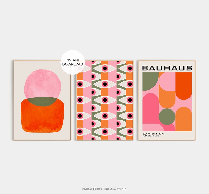 Set of 3, Mid Century Modern Wall Art Set. Pink Dorm Decor. Orange Red ...