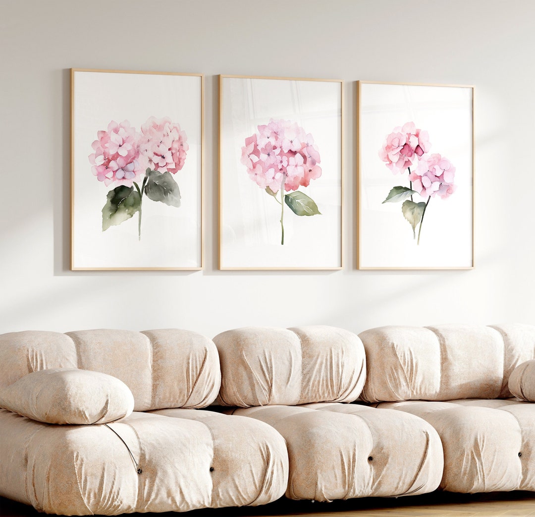 Blush Pink Hydrangea Set of 3 Watercolor Prints Botanical Flowers ...