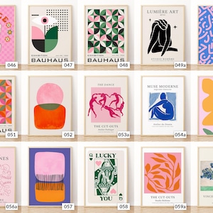 May include: A selection of framed art prints with diverse abstract designs and illustrations. The prints display a variety of styles, including geometric patterns, figure drawings, and floral motifs. Colours include pink, blue, green, orange, and yellow.