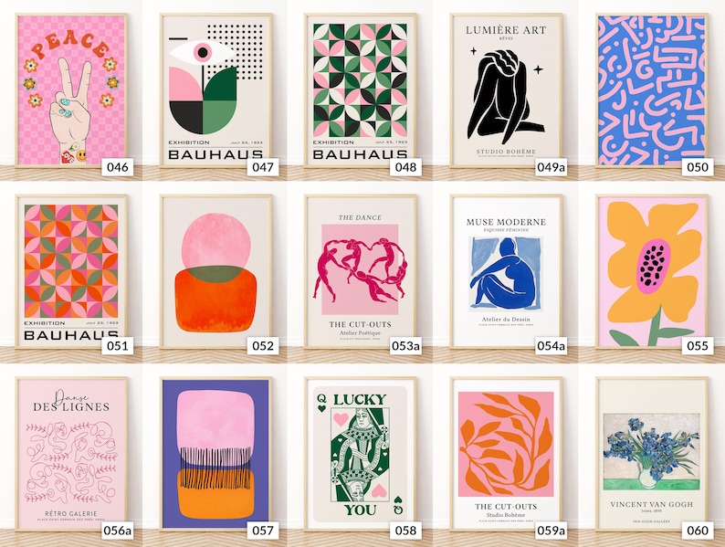 May include: A selection of framed art prints with diverse abstract designs and illustrations. The prints display a variety of styles, including geometric patterns, figure drawings, and floral motifs. Colours include pink, blue, green, orange, and yellow.