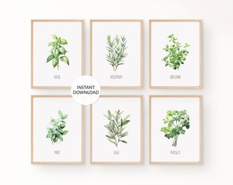 Watercolor Herb Prints: Botanical Kitchen Wall Art (Digital Download)