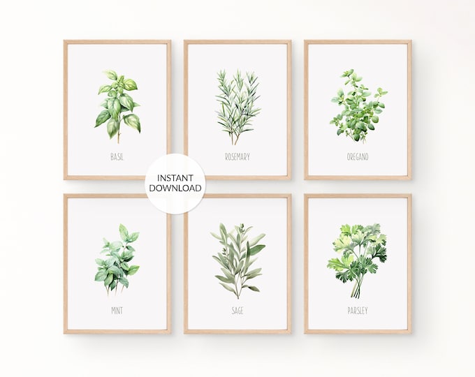 Herbs Set of 3 Printable Watercolor Painting Kitchen Decor Herb Prints ...