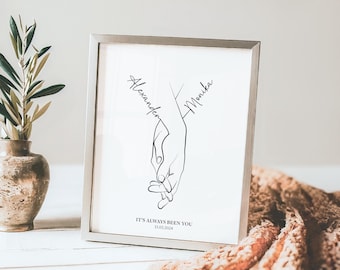 Impression de noms personnalisés Cadeau personnalisé pour la Saint-Valentin Dessin au trait main dans la main. Art de mains de couple, art de dessin au trait imprimable anniversaire de mariage