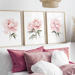 Watercolor Blush Pink Peonies Set of 3 Prints, Floral Poster Set ...
