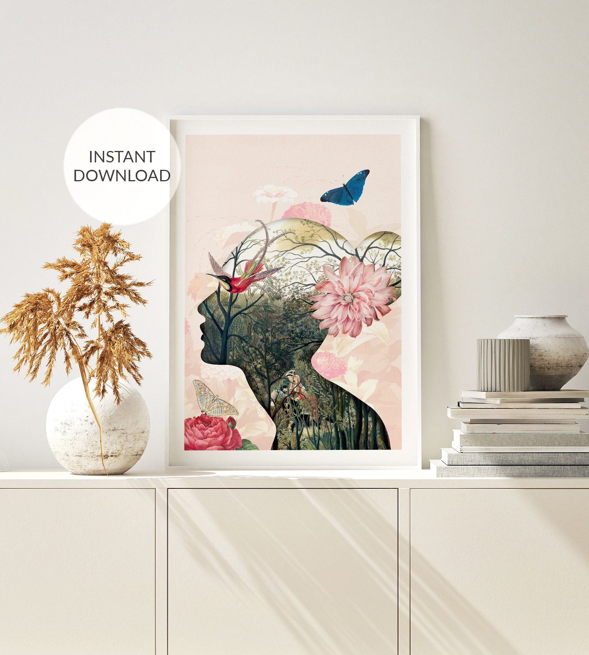 Abstract Woman Flower Collage Art Print: Pink Fashion Poster (digital ...
