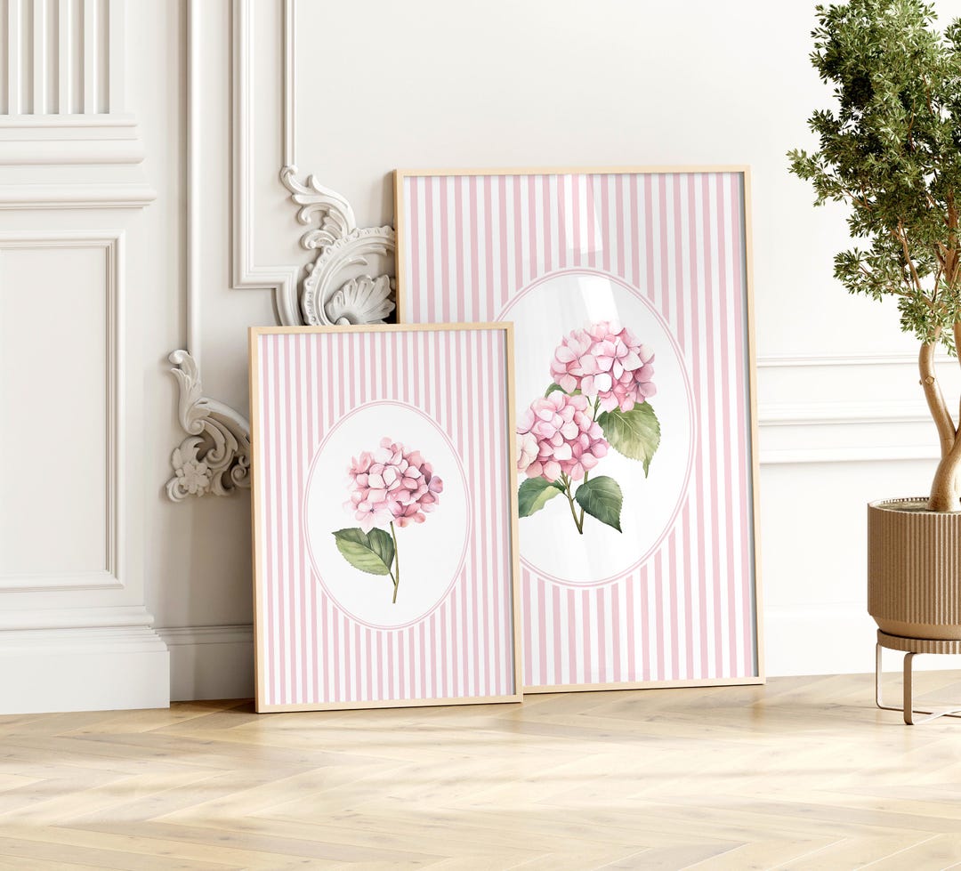 Pastel Light Pink Striped Hydrangea Set of 2 Prints, Watercolor ...