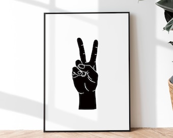 Impresión artística lineal del símbolo de la paz negro: gesto minimalista con la mano (descarga digital)