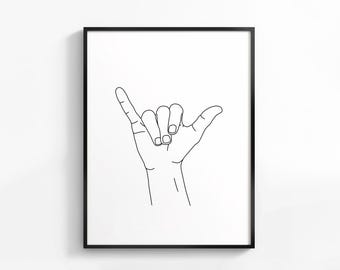 Impresión de dibujo de línea de mano Shaka, arte mahalo de Hawái, boceto de línea de signo Shaka, póster de manos minimalistas, decoración de pared imprimible