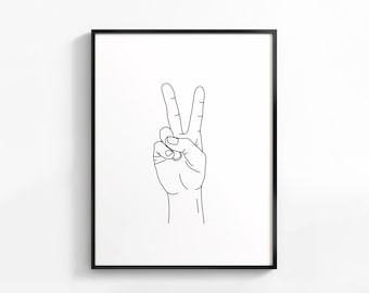 Peace sign line art print, Hand gesture poster, Minimalist hands sketch, Peace wall art decor, Printable simple line drawing illustration