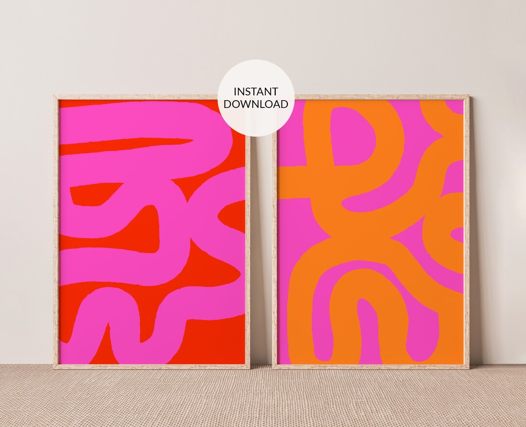 Set of 2, Pink and Red Wall Art. Bright Pink Abstract Art. Vivid Colors