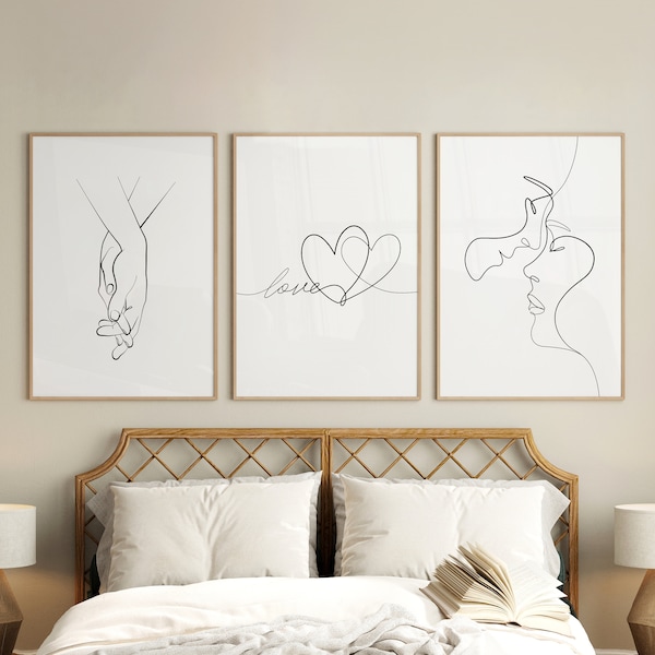 Línea romántica dibujo impresión arte de la pared Conjunto de 3, Regalo de pareja para su día de San Valentín Tomados de la mano impresión, Cartel de boceto de línea IMPRIMIBLE