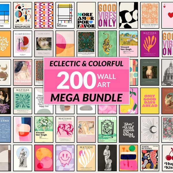 200 Colorful Wall Art BUNDLE Eclectic Gallery Set Colorful Gallery Wall collage Printable Posters Maximalist gallery Pink Abstract Art