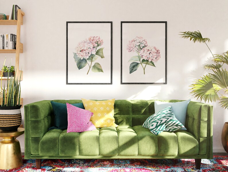 Pastel Pink Hydrangea Set of 2 Watercolor Prints Botanical Flowers ...