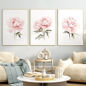 Watercolor Blush Pink Peonies Set of 3 Prints, Floral Poster Set ...
