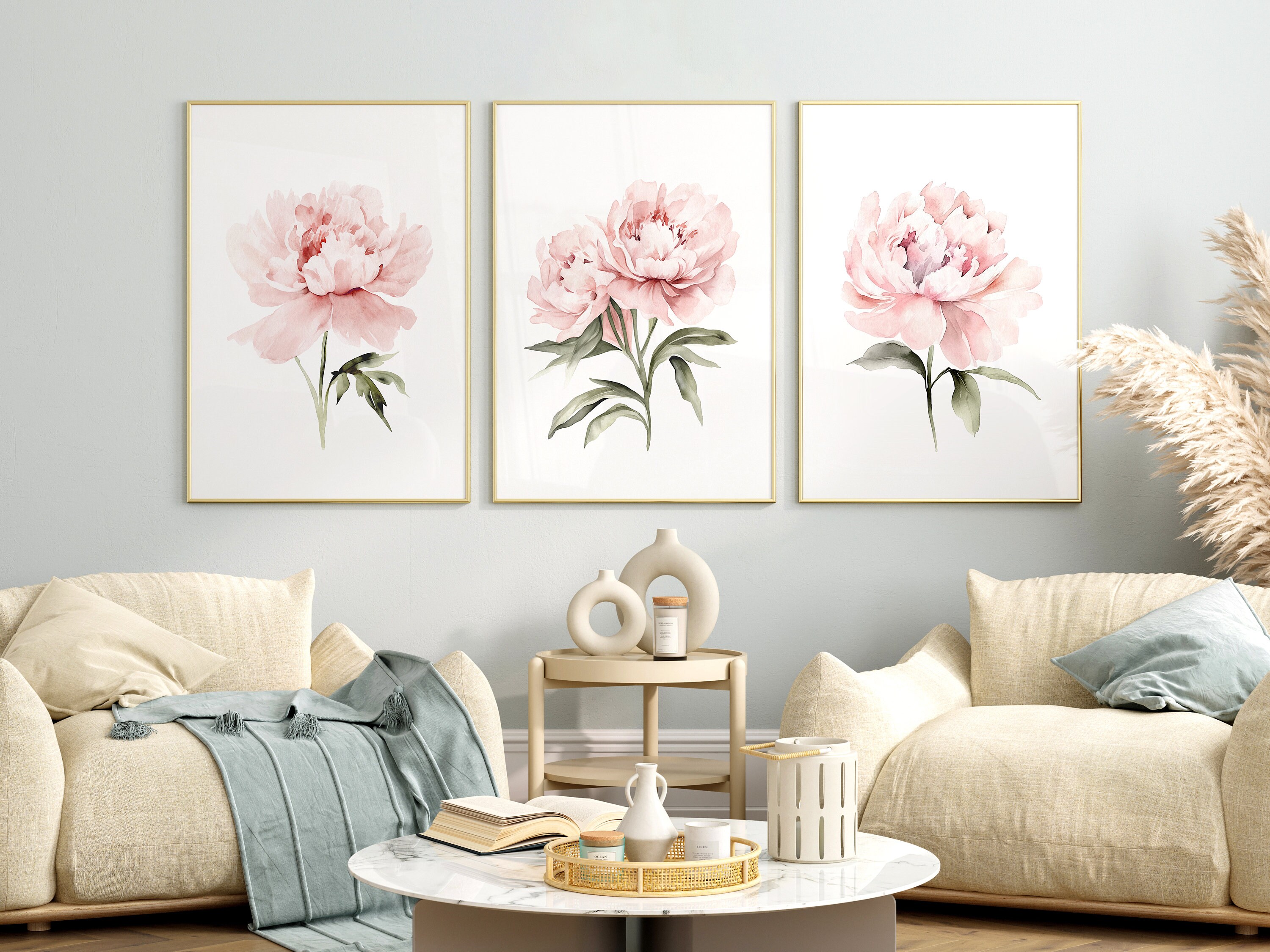 Watercolor Blush Pink Peonies Set of 3 Prints, Floral Poster Set ...