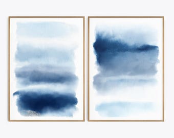Abstract Watercolor Prints, Blue shades Wall Art Minimalist Decor, Navy Bedroom Living Room Artwork, Set of 2, Digital Download
